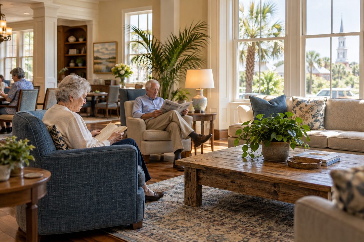 Illustrative common sitting room with separate chairs arranged for conversation