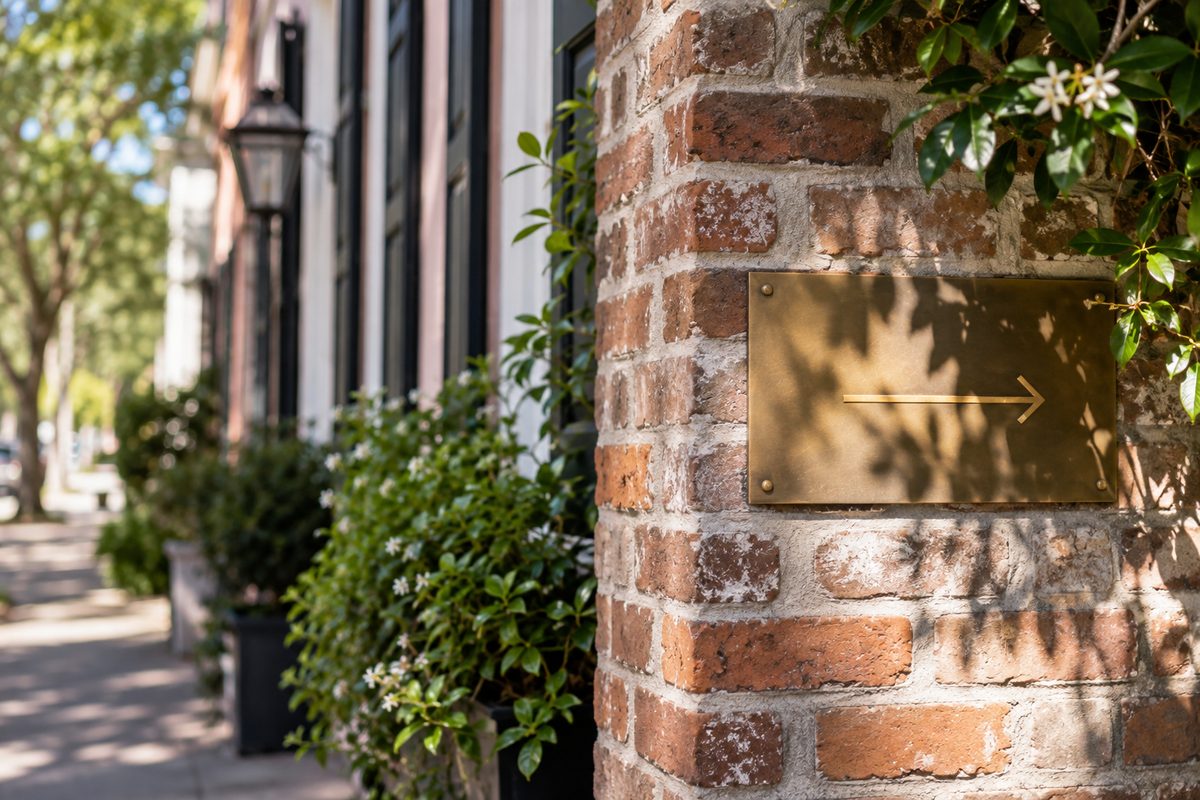 Illustrative aged brass plaque against textured brick, with lettering out of focus