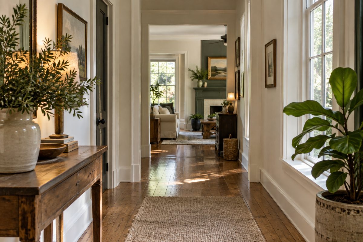 Illustrative quiet residential passage with closed wooden doors
