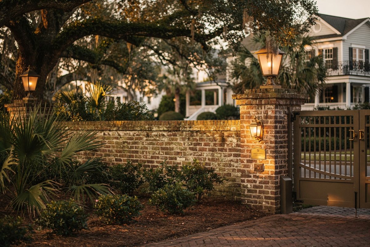 Illustrative brick residential entrance with cream trim and mature planting