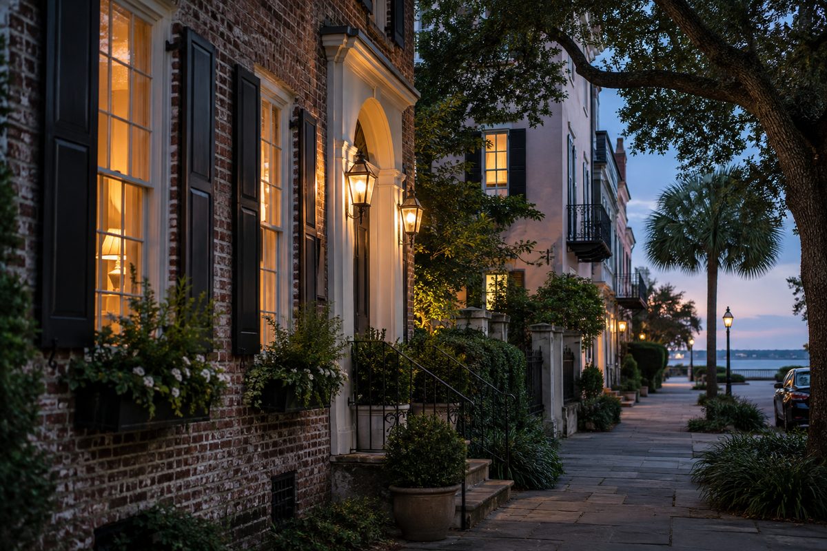 Illustrative residential windows glowing warmly at dusk