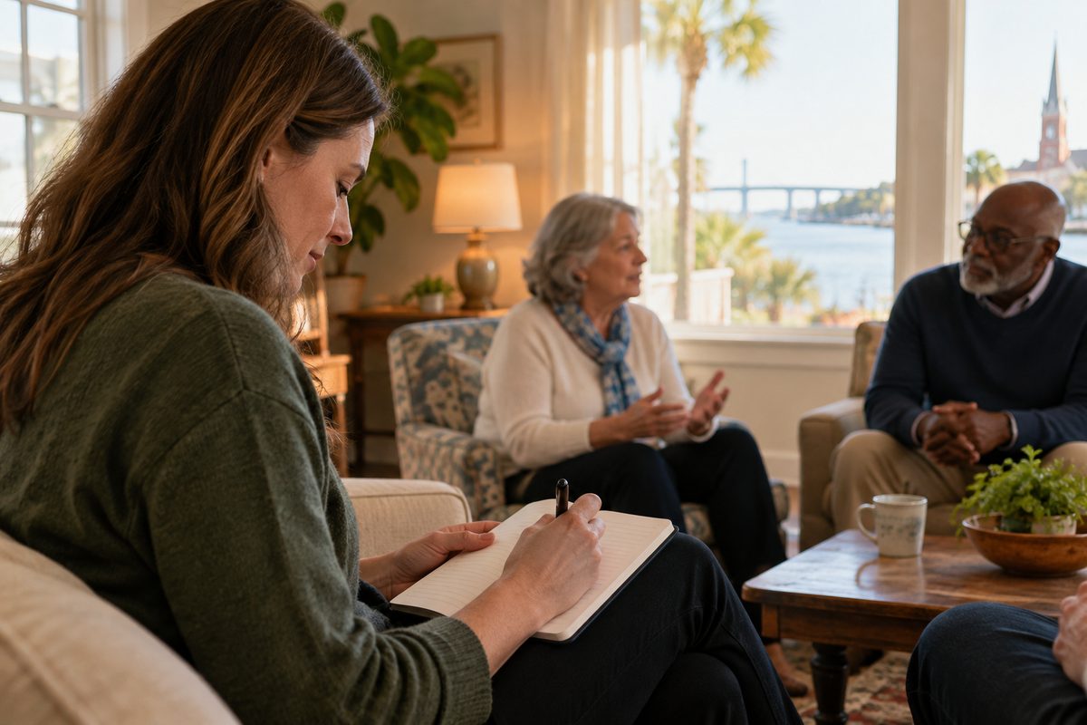 Illustrative relatives reviewing a question list together on a sofa