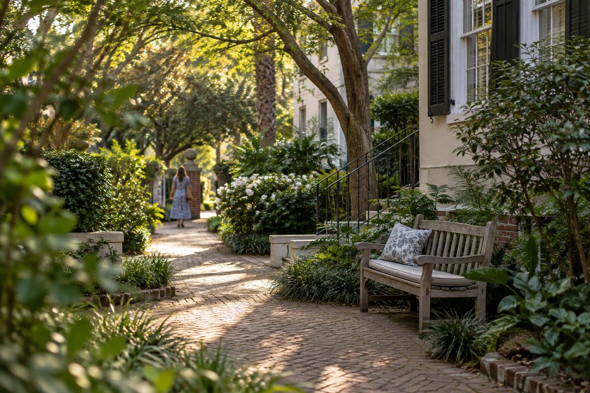 Illustrative garden path with a wooden bench beneath a tree