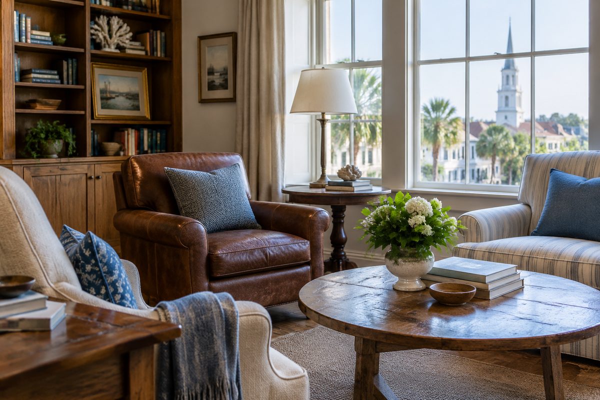 Illustrative private sitting room with an armchair and wooden side table