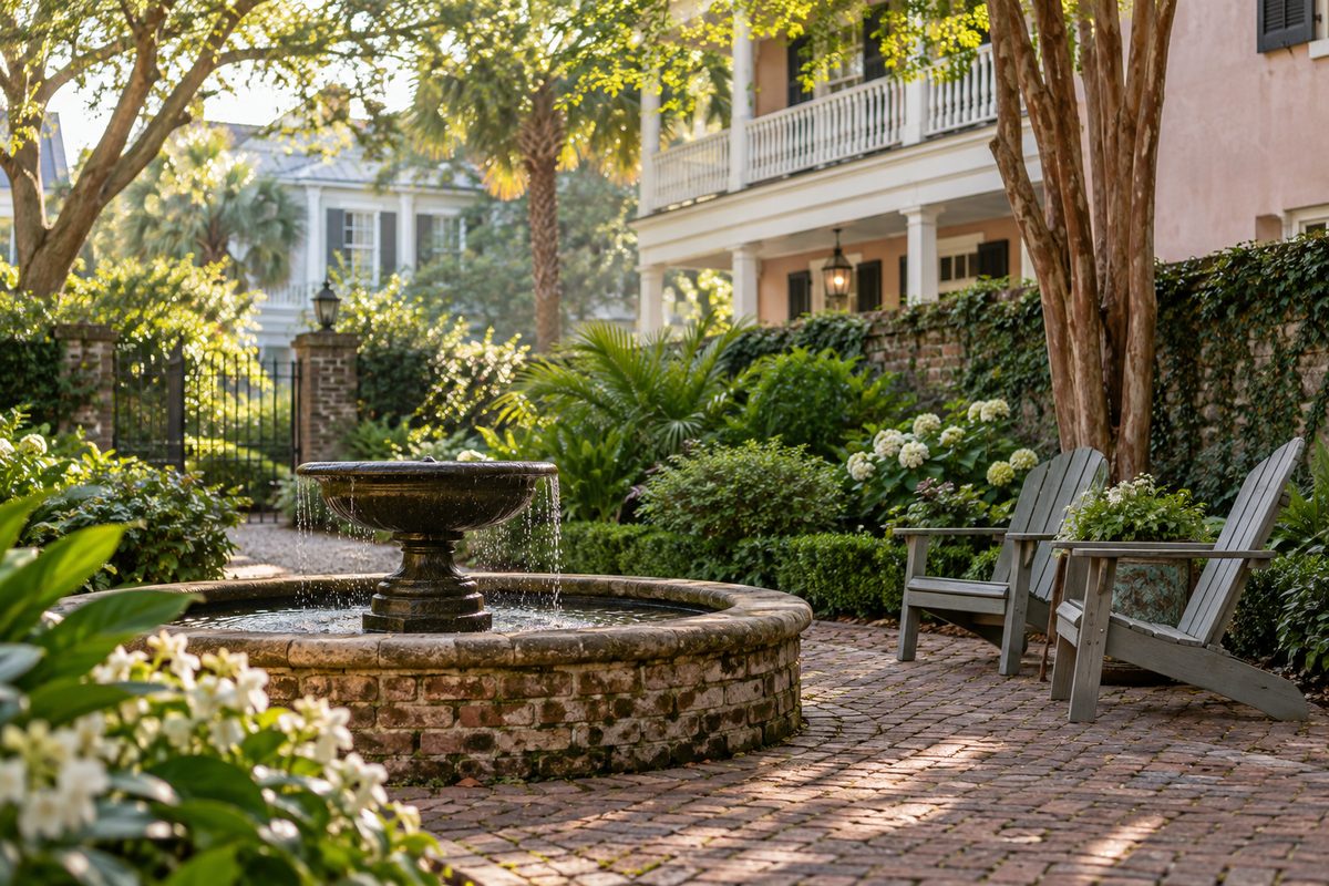 Illustrative enclosed courtyard with planting beds and a brick edge
