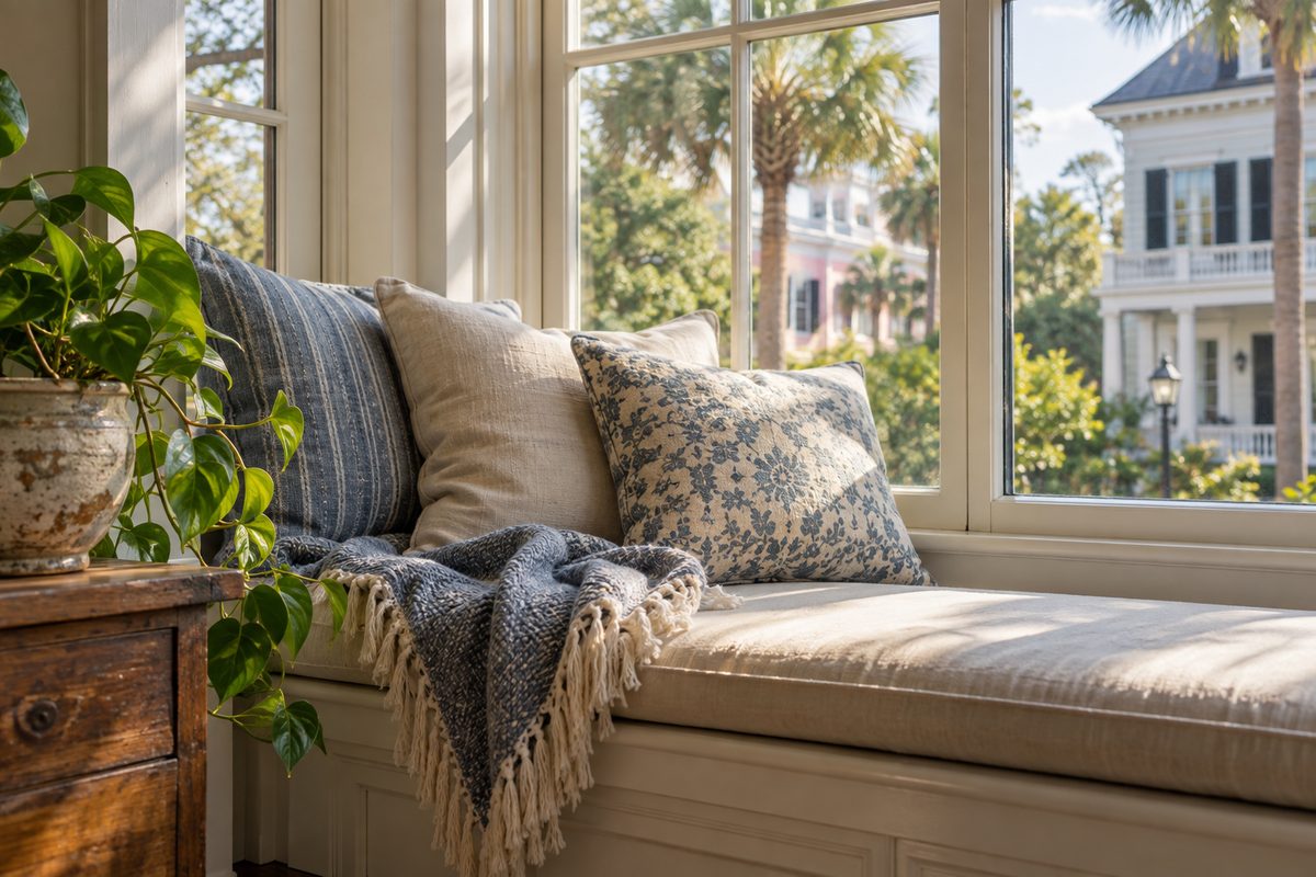 Illustrative window seat with a cream cushion and burgundy throw