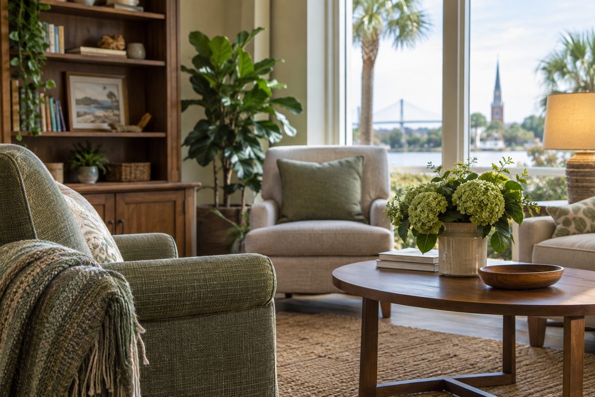 Illustrative quiet lounge used beside questions about memory-related support