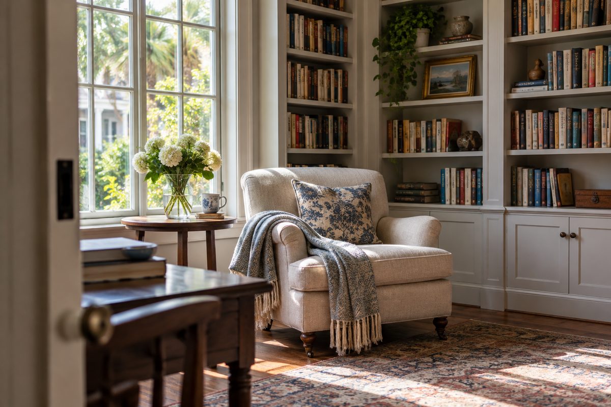 Illustrative reading alcove with a high-backed chair and a small bookshelf