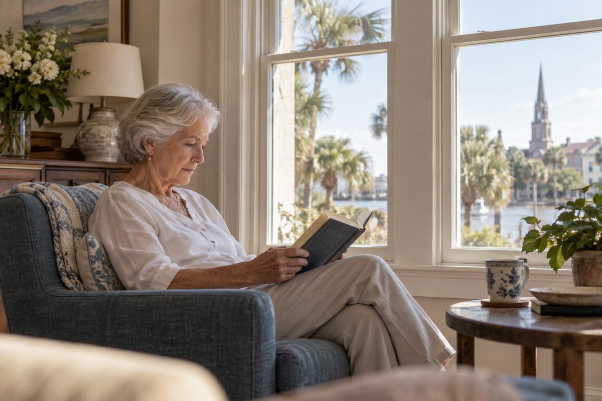 Illustrative adult reading beside a sunlit residential window