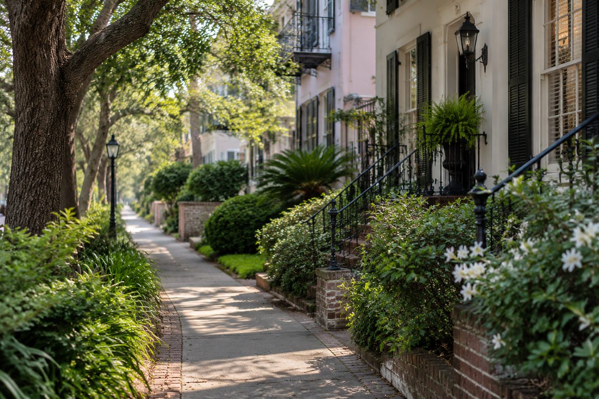 Illustrative covered walkway beside a residential building
