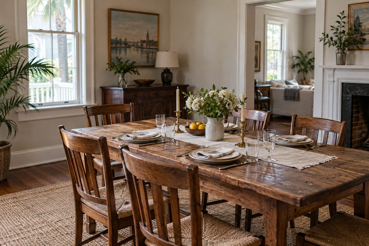 Illustrative shared dining room with small tables and upholstered chairs