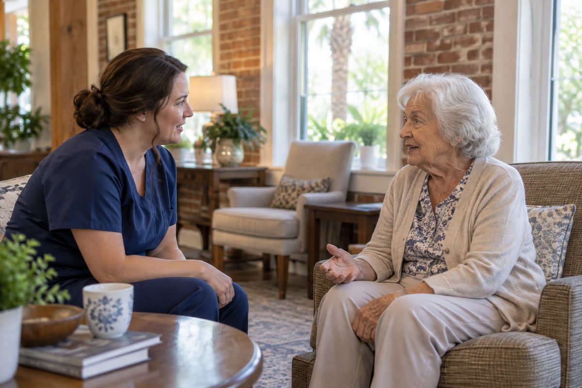 Illustrative seated conversation between a visitor and a community representative
