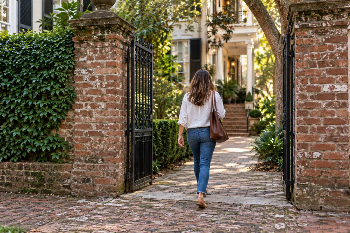 Illustrative visitor approaching a residential entrance